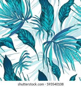Vector Natural Vintage Seamless Exotic Pattern with Tropical Leaves, Botanical illustration on white background.