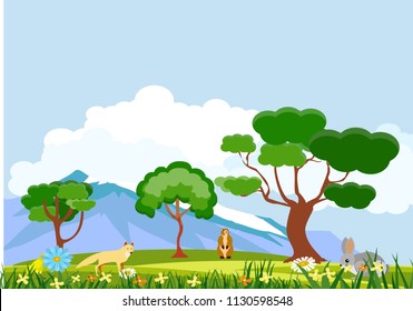Vector natural wildlife landscape fox and rodents on meadow, concept nature