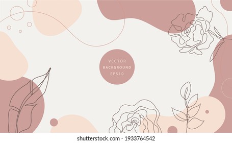Vector nature background, design minimalist template, simple modern style with text, monoline hand drawn flowers and leaves - wedding invitation and frames, social media stories wallpapers 