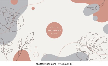 Vector nature background, design minimalist template, simple modern style with text, monoline hand drawn flowers and leaves - wedding invitation and frames, social media stories wallpapers 
