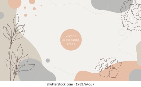 Vector nature background, design minimalist template, simple modern style with text, monoline hand drawn flowers and leaves - wedding invitation and frames, social media stories wallpapers 