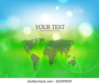 Vector nature background: green sunny day bokeh with world map