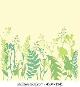 Vector nature background with green wild herbs, flowers on yellow. 