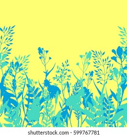 Vector nature background with light blue silhouette of wild herbs, flowers and leaves on yellow. Hand drawn botanical illustration in vintage style for print, card, banner and other herbal design.
