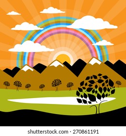 Vector Nature Background with Mountains and Sun with Trees, Clouds and Lake