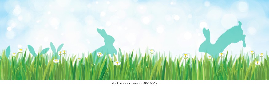 Vector nature background, rabbits in green grass.