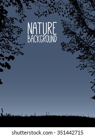 vector nature background with silhouette of branches from tree and with grass on dark evening background, with place for your white text, isolated illustration