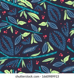 Vector nature background. Stylized branches, leaves, flowers and fruit composition. Element of seamless pattern