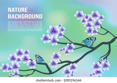 Vector nature background with tree blossom and two blue butterfly