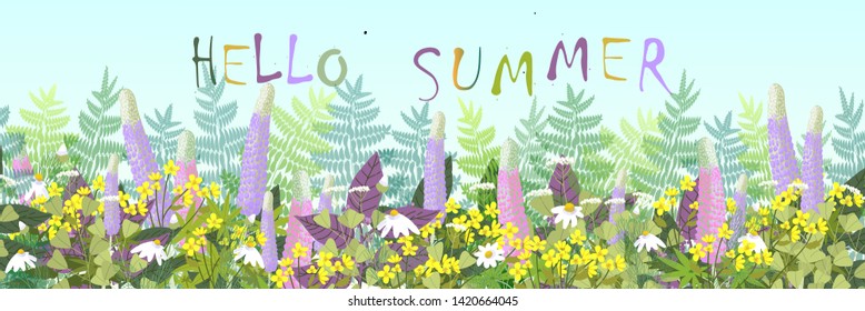 Vector nature background with  wild herbs, flowers and leaves.Hello summer.Vector illustration.