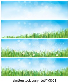 Vector nature backgrounds with sky, grass and dandelions.
