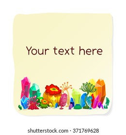 vector nature banner. Multicolored cartoon plant zoophyte and zircon mineral on a blank form for your text. clipart isolated on white background. EPS 10  