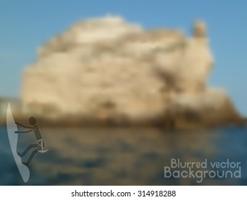 Vector nature blurred unfocused background. Rock in the ocean. Plus rock climbing icon.
