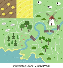 Vector nature or camping map with sheep, mill, windmills, solar panels, trees, bushes, mushrooms, fields, river. Hiking plan in a very simple flat style showing animals, plants and local buildings.