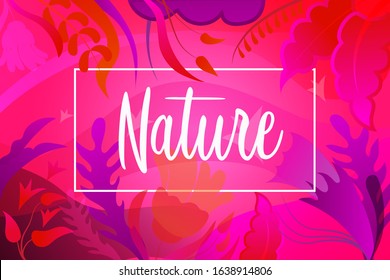 Vector Nature Card with hand drawn lettering and cute flowers and branches Pink Purple Card. Spring Greeting card with brush lettering on floral background
