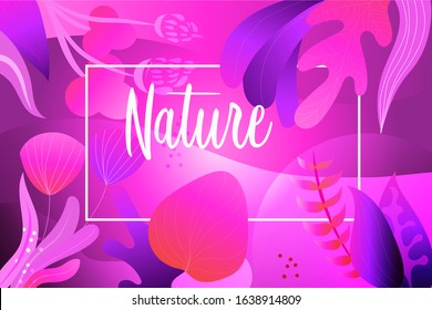 Vector Nature Card with hand drawn lettering and cute flowers and branches Pink Purple Card. Spring Greeting card with brush lettering on floral background