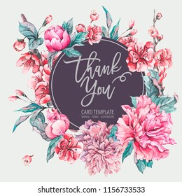 Vector nature card pink flowers, blooming peonies, Floral decoration, Hand painted illustration