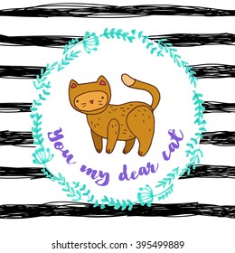vector nature card with wreath leaf and cat animal and stripes background. children sketch
