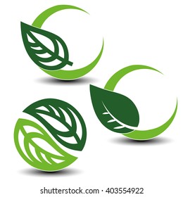 Vector nature circular symbols with leaf, natural simple elements, green eco labels with shadow - set 2