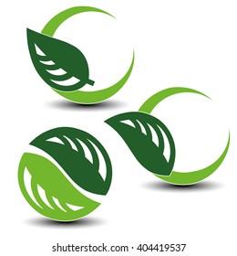 Vector nature circular symbols with leaf, natural simple elements, green eco labels with shadow - set 4
