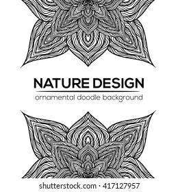 Vector nature decor for your design with abstract flowers. Vector round mandala in childish style. Ornamental doodle background.