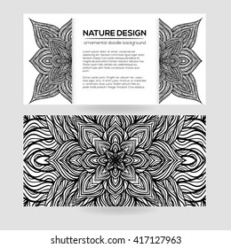 Vector nature decor for your design with abstract flowers. Vector round mandala in childish style. Ornamental doodle background.
