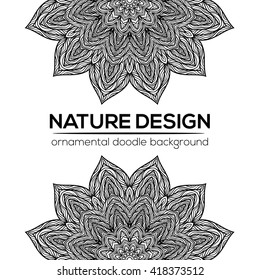 Vector nature decor for your design with abstract flowers. Vector round mandala in childish style. Ornamental doodle background.