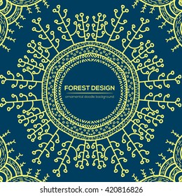 Vector nature design with forest. Vector round mandala in childish style. Ornamental doodle background.