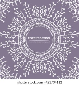 Vector nature design with forest. Vector round mandala in childish style. Ornamental doodle background.