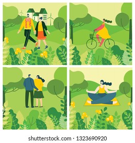 Vector Nature ECO background with different people, couple doing activities, walking and have a rest outdoor, in the forest and park in the flat style 