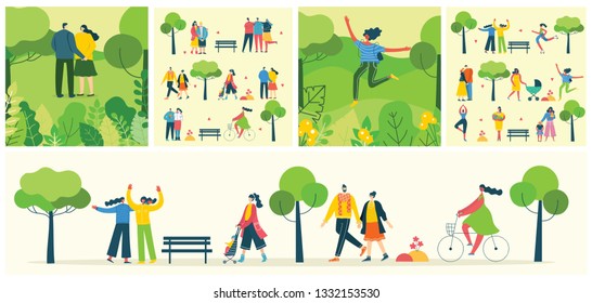 Vector Nature ECO background with different people, couple doing activities, walking and have a rest outdoor, in the forest and park in the flat style 