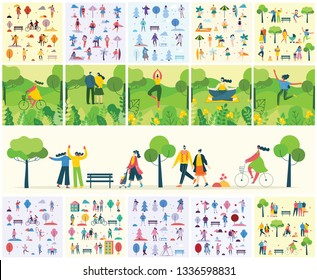 Vector Nature ECO backgrounds with different people, couple doing activities, walking and have a rest outdoor, in the forest and park in the flat style 