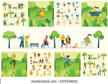 Vector Nature ECO backgrounds with different people, couple doing activities, walking and have a rest outdoor, in the forest and park in the flat style