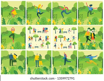 Vector Nature ECO backgrounds with girls and boys run and jump and has a rest outdoor, in the forest and park in the flat style 