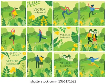 Vector Nature ECO backgrounds with girls and boys run and jump, do sports and yoga and has a rest outdoor, in the forest and park in the flat style