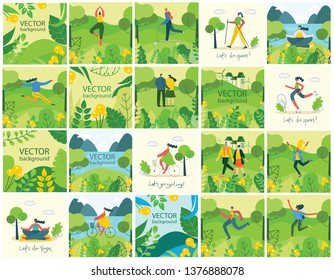 Vector Nature ECO backgrounds with girls and boys run and jump, do sports and yoga and has a rest outdoor, in the forest and park in the flat style 