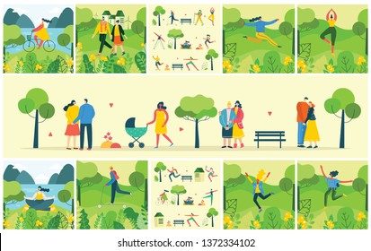 Vector Nature ECO backgrounds with people, couples, girls and boys run and jump and has a rest outdoor, in the forest and park in the flat style