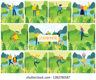 Vector Nature ECO backgrounds with people run and jump and has a rest outdoor, in the forest and park in the flat style