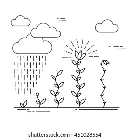 Naturaleza vectorial e ilustración ecológica en estilo lineal. Plantas en crecimiento. Paisaje abstracto.