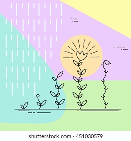 Vector nature and ecology illustration in linear style. Growing plants. Geometric design in pastel colors. 