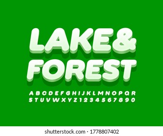 Vector Nature Emblem Lake & Forest. Modern 3D Font. White Trendy Alphabet Letters And Numbers