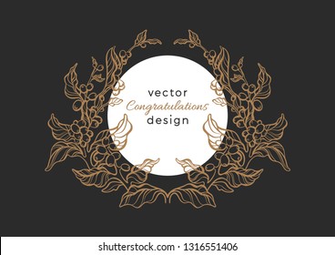 Vector nature emblem. Luxury art rococo romance pattern, elegance frame, vintage wreath. Natural symbol, heraldy card. Bio logo, organic plant, golden label, tropical frame for packing Night and moon
