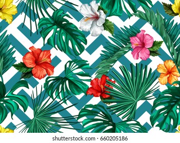 Vector nature floral seamless pattern. Tropical jungle green leaves with colored beautiful hibiscus flower blossoms on striped background. Element for your print, advertising, textile design