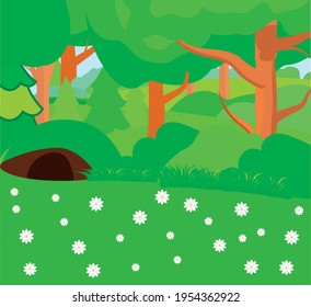 vector nature in the forest. flat image
 forest landscape with trees and den