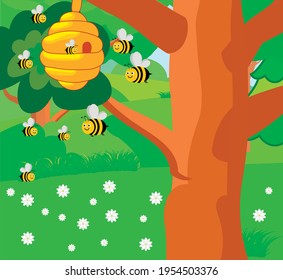 vector nature in the forest. flat image
 hive with bees on a tree in the forest