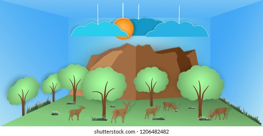 Vector nature and forest, where the deer and wild animals live.And the plentiful world and covered with the green of the nature and a papercut and placed in the room and Or used as background
