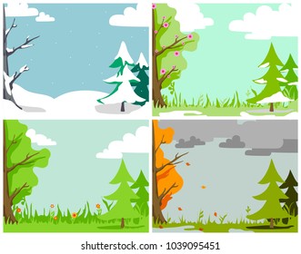 Vector nature four seasons set cartoon style. Winter, spring, summer, autumn