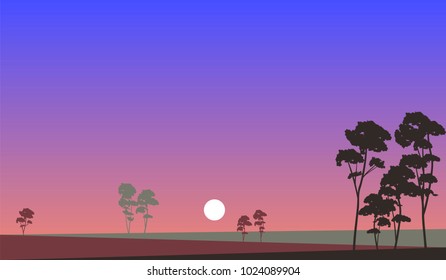 vector nature grassland illustration. beautiful twilight sky over nature landscape and tree silhouettes
