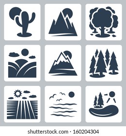 Vector Nature Icons Set: Desert, Mountains, Forest, Meadow, Snow-covered Mountains, Conifer Forest, Field, Sea, Lake