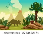 Vector nature illustration with ancient animals and plants. Prehistoric landscape with dinosaurs - triceratop and pterodactyls, erupting volcano, green plants and stones